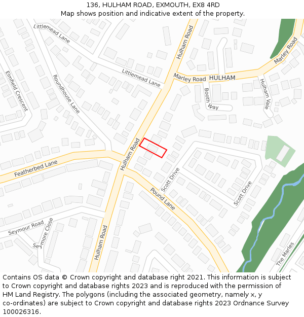 136, HULHAM ROAD, EXMOUTH, EX8 4RD: Location map and indicative extent of plot