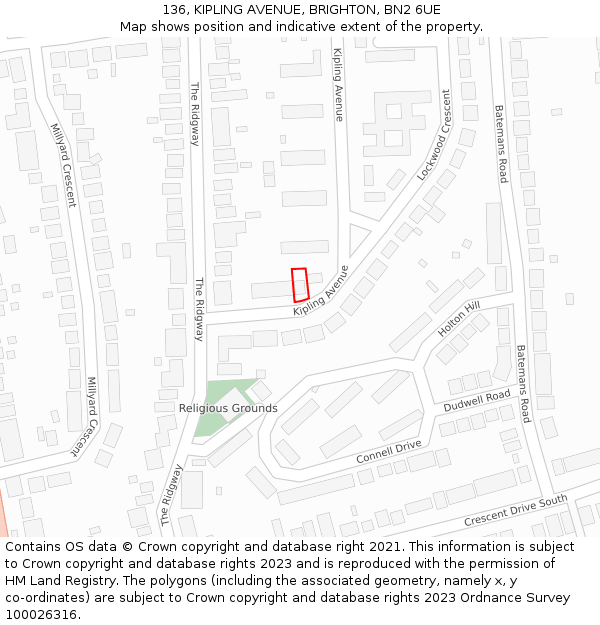 136, KIPLING AVENUE, BRIGHTON, BN2 6UE: Location map and indicative extent of plot