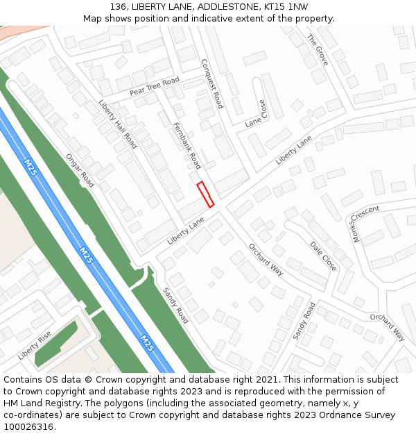 136, LIBERTY LANE, ADDLESTONE, KT15 1NW: Location map and indicative extent of plot