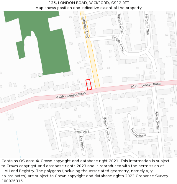 136, LONDON ROAD, WICKFORD, SS12 0ET: Location map and indicative extent of plot