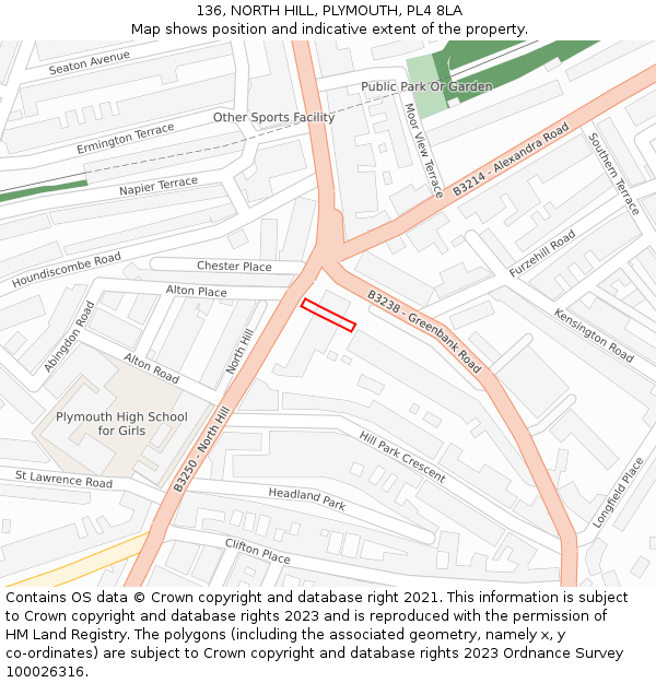 136, NORTH HILL, PLYMOUTH, PL4 8LA: Location map and indicative extent of plot