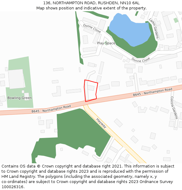 136, NORTHAMPTON ROAD, RUSHDEN, NN10 6AL: Location map and indicative extent of plot