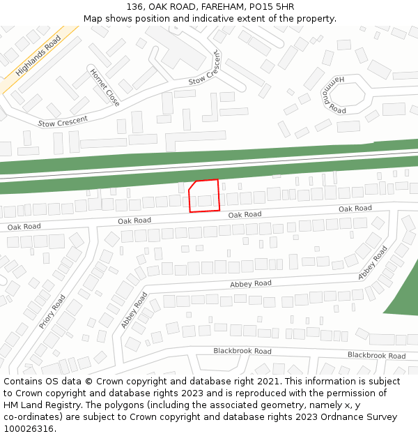 136, OAK ROAD, FAREHAM, PO15 5HR: Location map and indicative extent of plot