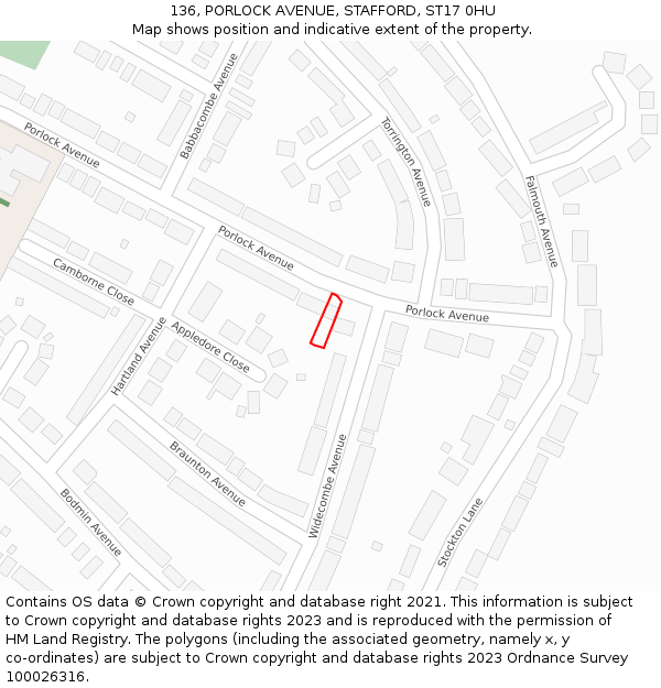 136, PORLOCK AVENUE, STAFFORD, ST17 0HU: Location map and indicative extent of plot