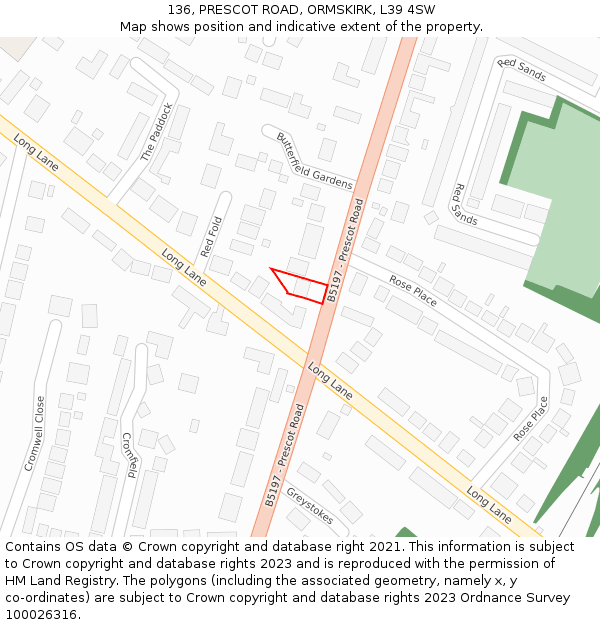 136, PRESCOT ROAD, ORMSKIRK, L39 4SW: Location map and indicative extent of plot