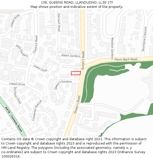 136, QUEENS ROAD, LLANDUDNO, LL30 1TY: Location map and indicative extent of plot