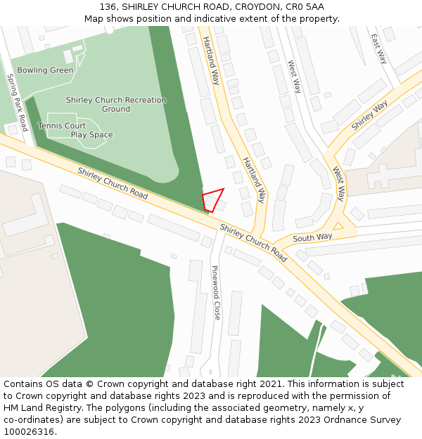136, SHIRLEY CHURCH ROAD, CROYDON, CR0 5AA: Location map and indicative extent of plot
