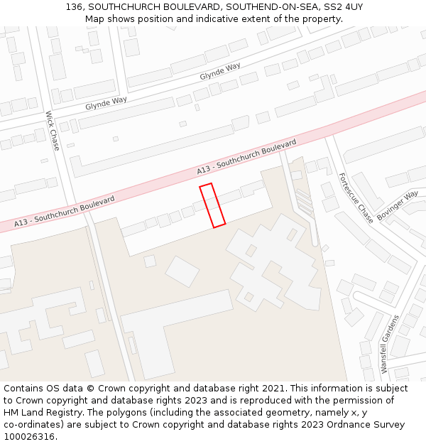 136, SOUTHCHURCH BOULEVARD, SOUTHEND-ON-SEA, SS2 4UY: Location map and indicative extent of plot