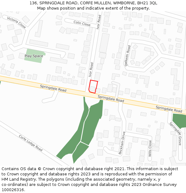136, SPRINGDALE ROAD, CORFE MULLEN, WIMBORNE, BH21 3QL: Location map and indicative extent of plot