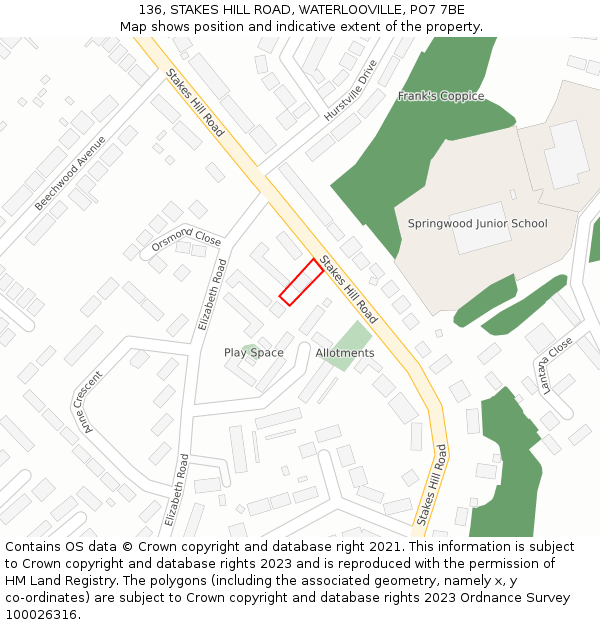 136, STAKES HILL ROAD, WATERLOOVILLE, PO7 7BE: Location map and indicative extent of plot