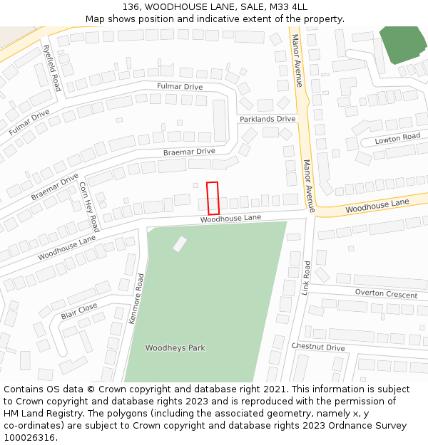 136, WOODHOUSE LANE, SALE, M33 4LL: Location map and indicative extent of plot