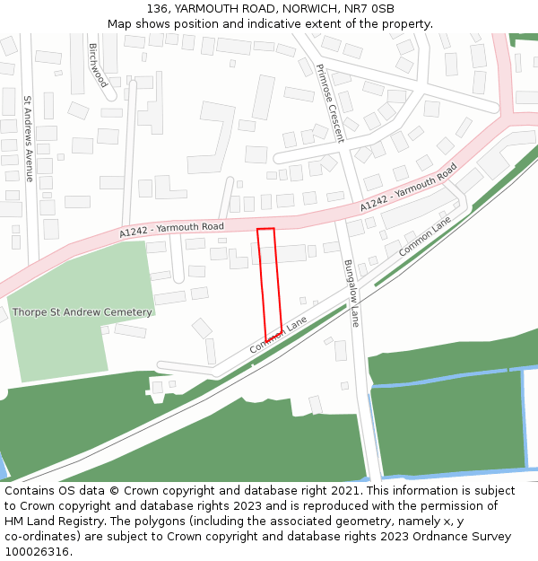 136, YARMOUTH ROAD, NORWICH, NR7 0SB: Location map and indicative extent of plot