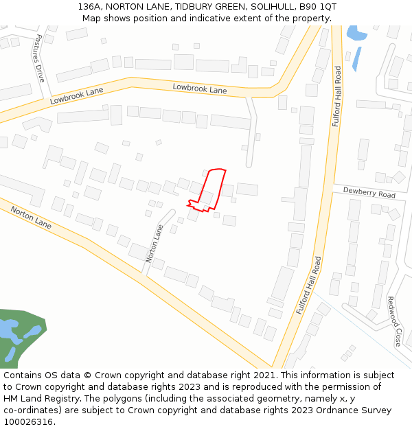136A, NORTON LANE, TIDBURY GREEN, SOLIHULL, B90 1QT: Location map and indicative extent of plot