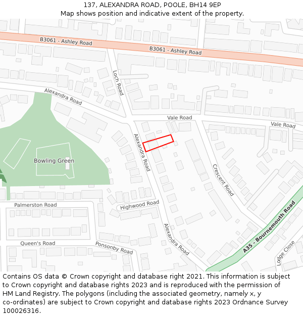 137, ALEXANDRA ROAD, POOLE, BH14 9EP: Location map and indicative extent of plot