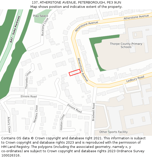 137, ATHERSTONE AVENUE, PETERBOROUGH, PE3 9UN: Location map and indicative extent of plot