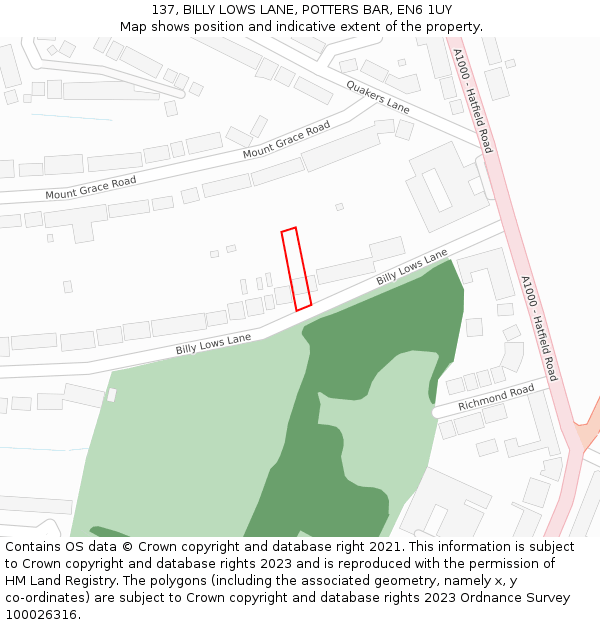 137, BILLY LOWS LANE, POTTERS BAR, EN6 1UY: Location map and indicative extent of plot