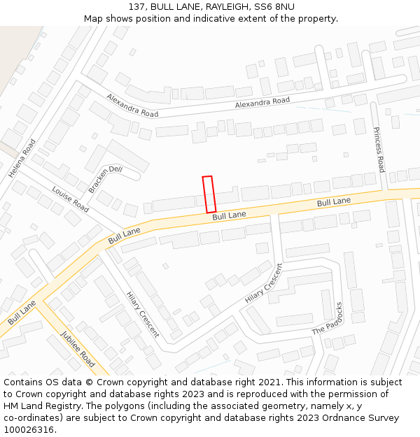 137, BULL LANE, RAYLEIGH, SS6 8NU: Location map and indicative extent of plot