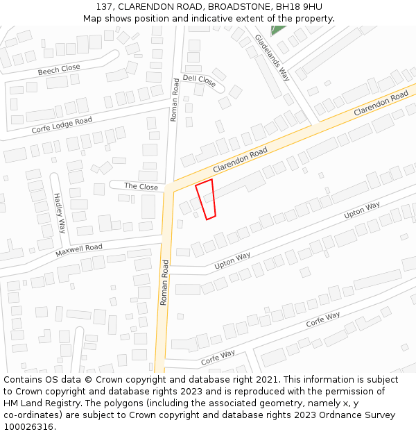 137, CLARENDON ROAD, BROADSTONE, BH18 9HU: Location map and indicative extent of plot