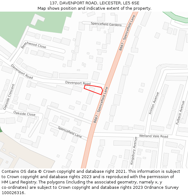 137, DAVENPORT ROAD, LEICESTER, LE5 6SE: Location map and indicative extent of plot