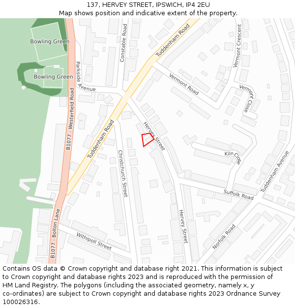 137, HERVEY STREET, IPSWICH, IP4 2EU: Location map and indicative extent of plot
