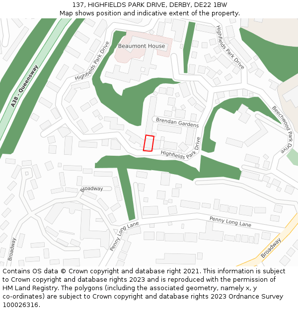 137, HIGHFIELDS PARK DRIVE, DERBY, DE22 1BW: Location map and indicative extent of plot