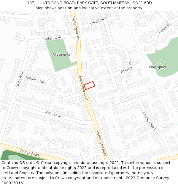 137, HUNTS POND ROAD, PARK GATE, SOUTHAMPTON, SO31 6RD: Location map and indicative extent of plot