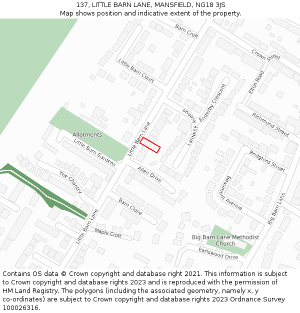 137, LITTLE BARN LANE, MANSFIELD, NG18 3JS: Location map and indicative extent of plot