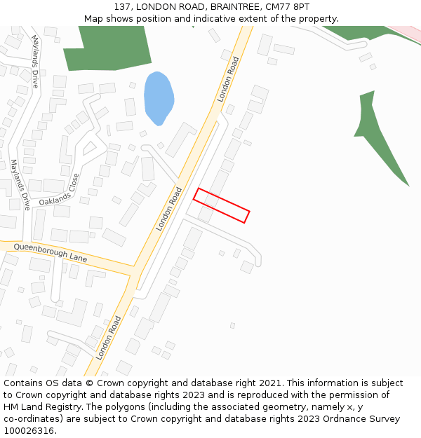 137, LONDON ROAD, BRAINTREE, CM77 8PT: Location map and indicative extent of plot