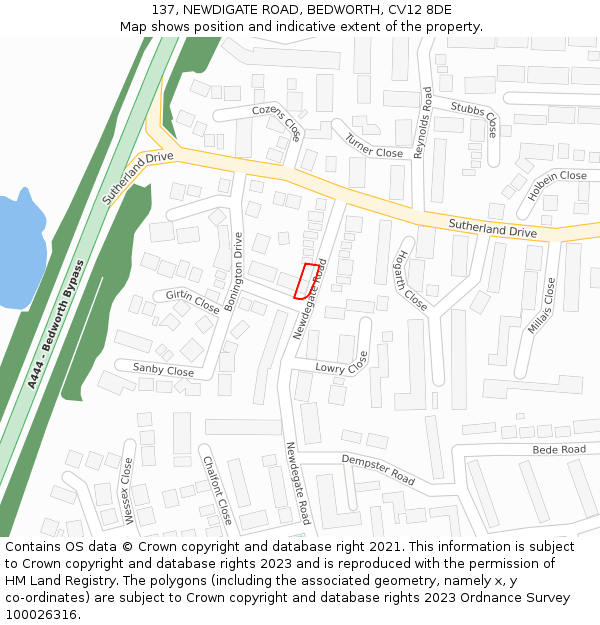 137, NEWDIGATE ROAD, BEDWORTH, CV12 8DE: Location map and indicative extent of plot