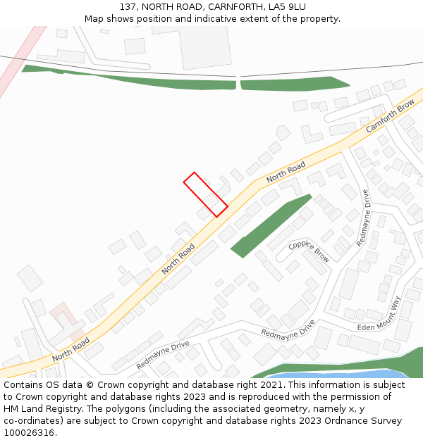 137, NORTH ROAD, CARNFORTH, LA5 9LU: Location map and indicative extent of plot