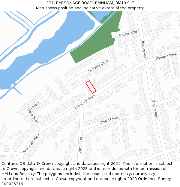 137, PARSONAGE ROAD, RAINHAM, RM13 9LB: Location map and indicative extent of plot