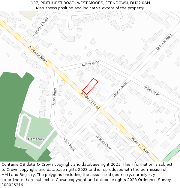 137, PINEHURST ROAD, WEST MOORS, FERNDOWN, BH22 0AN: Location map and indicative extent of plot