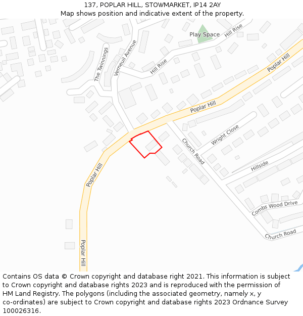 137, POPLAR HILL, STOWMARKET, IP14 2AY: Location map and indicative extent of plot