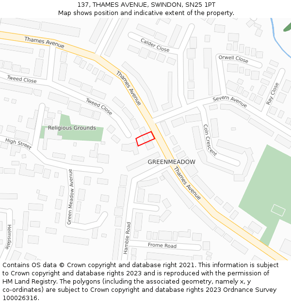 137, THAMES AVENUE, SWINDON, SN25 1PT: Location map and indicative extent of plot
