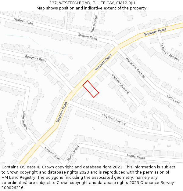 137, WESTERN ROAD, BILLERICAY, CM12 9JH: Location map and indicative extent of plot