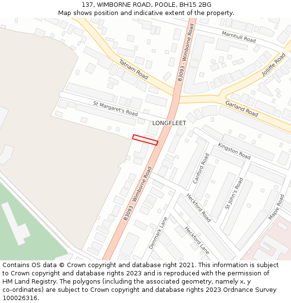 137, WIMBORNE ROAD, POOLE, BH15 2BG: Location map and indicative extent of plot