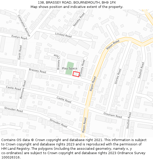138, BRASSEY ROAD, BOURNEMOUTH, BH9 1PX: Location map and indicative extent of plot