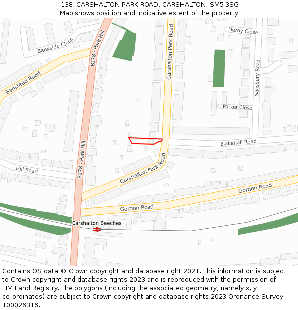 138, CARSHALTON PARK ROAD, CARSHALTON, SM5 3SG: Location map and indicative extent of plot