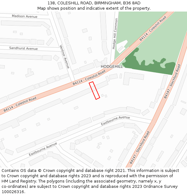138, COLESHILL ROAD, BIRMINGHAM, B36 8AD: Location map and indicative extent of plot