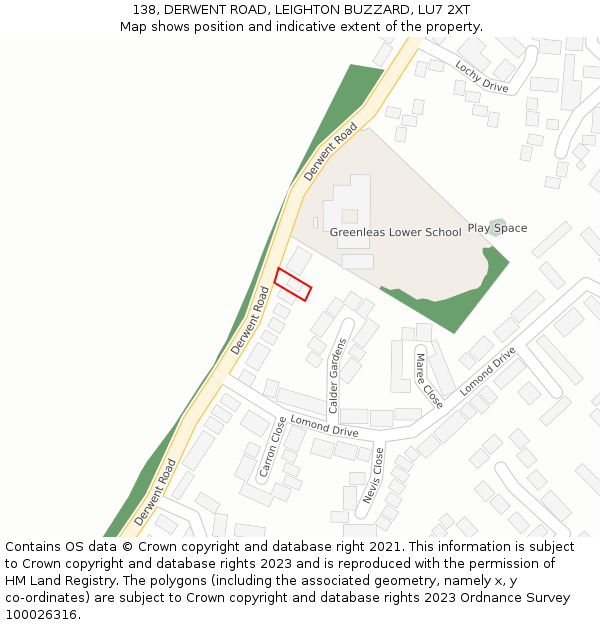 138, DERWENT ROAD, LEIGHTON BUZZARD, LU7 2XT: Location map and indicative extent of plot