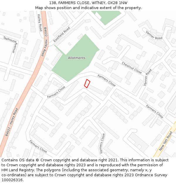 138, FARMERS CLOSE, WITNEY, OX28 1NW: Location map and indicative extent of plot