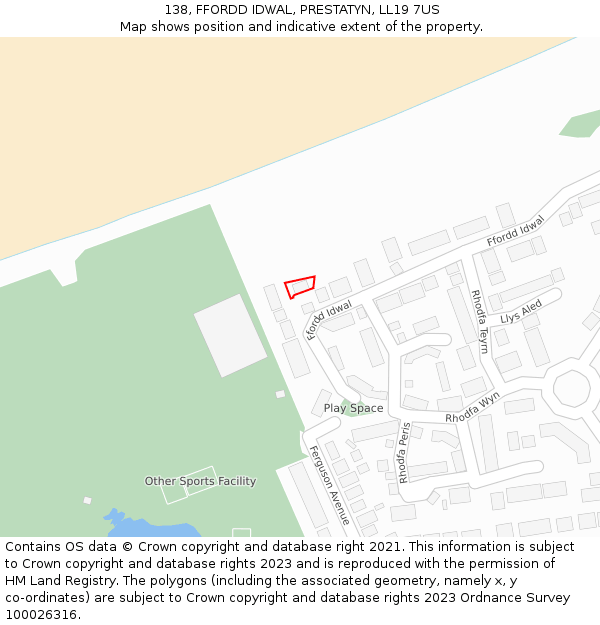 138, FFORDD IDWAL, PRESTATYN, LL19 7US: Location map and indicative extent of plot