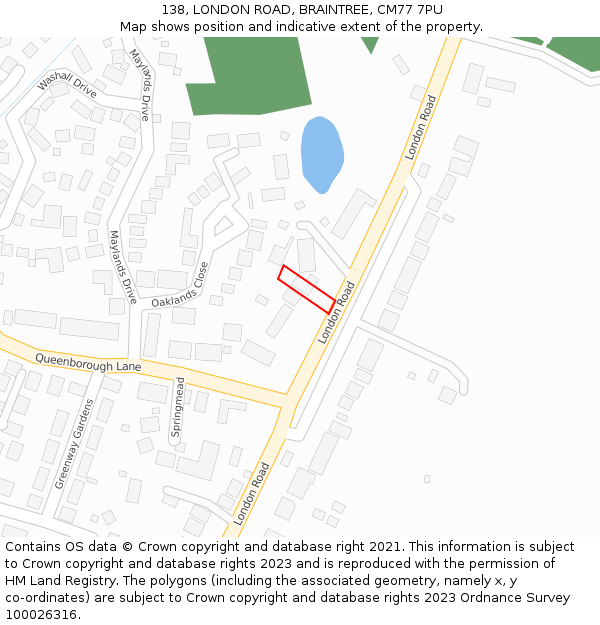 138, LONDON ROAD, BRAINTREE, CM77 7PU: Location map and indicative extent of plot