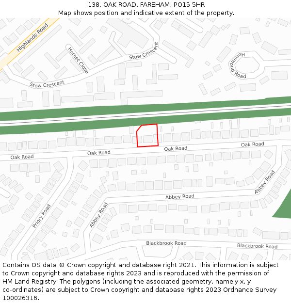 138, OAK ROAD, FAREHAM, PO15 5HR: Location map and indicative extent of plot