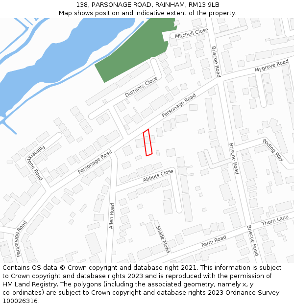 138, PARSONAGE ROAD, RAINHAM, RM13 9LB: Location map and indicative extent of plot