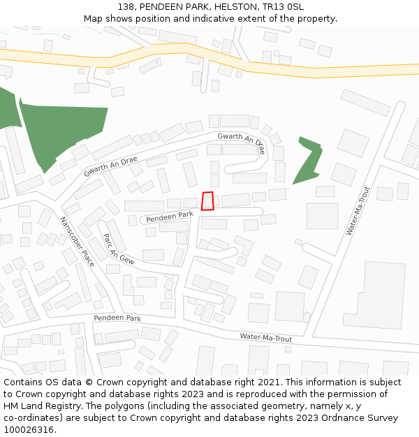 138, PENDEEN PARK, HELSTON, TR13 0SL: Location map and indicative extent of plot