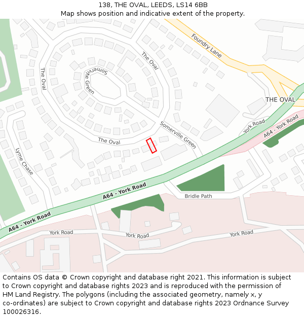138, THE OVAL, LEEDS, LS14 6BB: Location map and indicative extent of plot