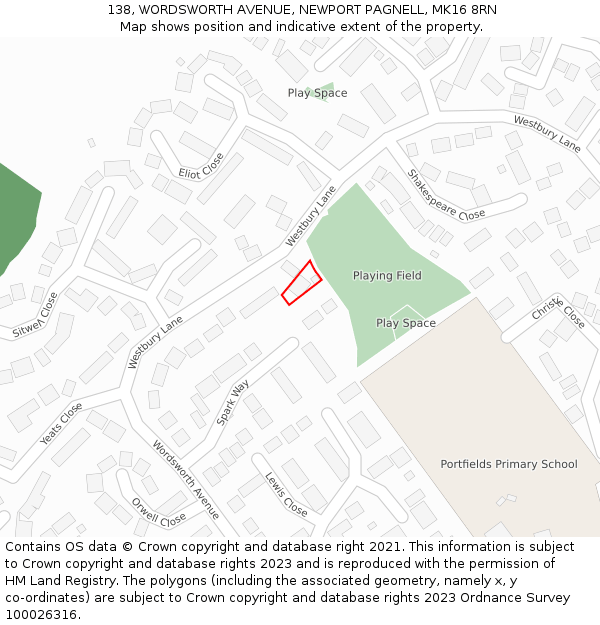 138, WORDSWORTH AVENUE, NEWPORT PAGNELL, MK16 8RN: Location map and indicative extent of plot