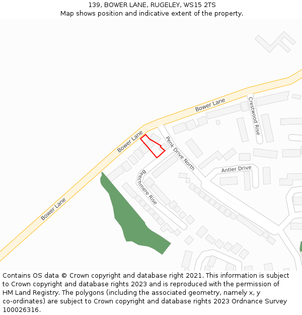 139, BOWER LANE, RUGELEY, WS15 2TS: Location map and indicative extent of plot