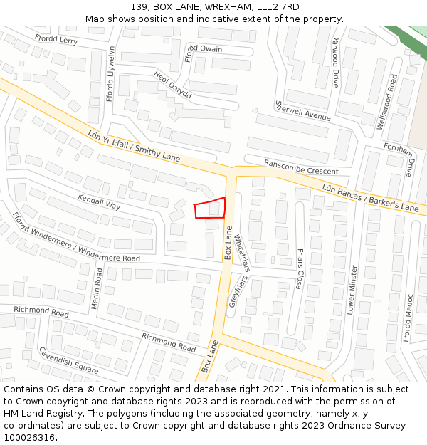 139, BOX LANE, WREXHAM, LL12 7RD: Location map and indicative extent of plot